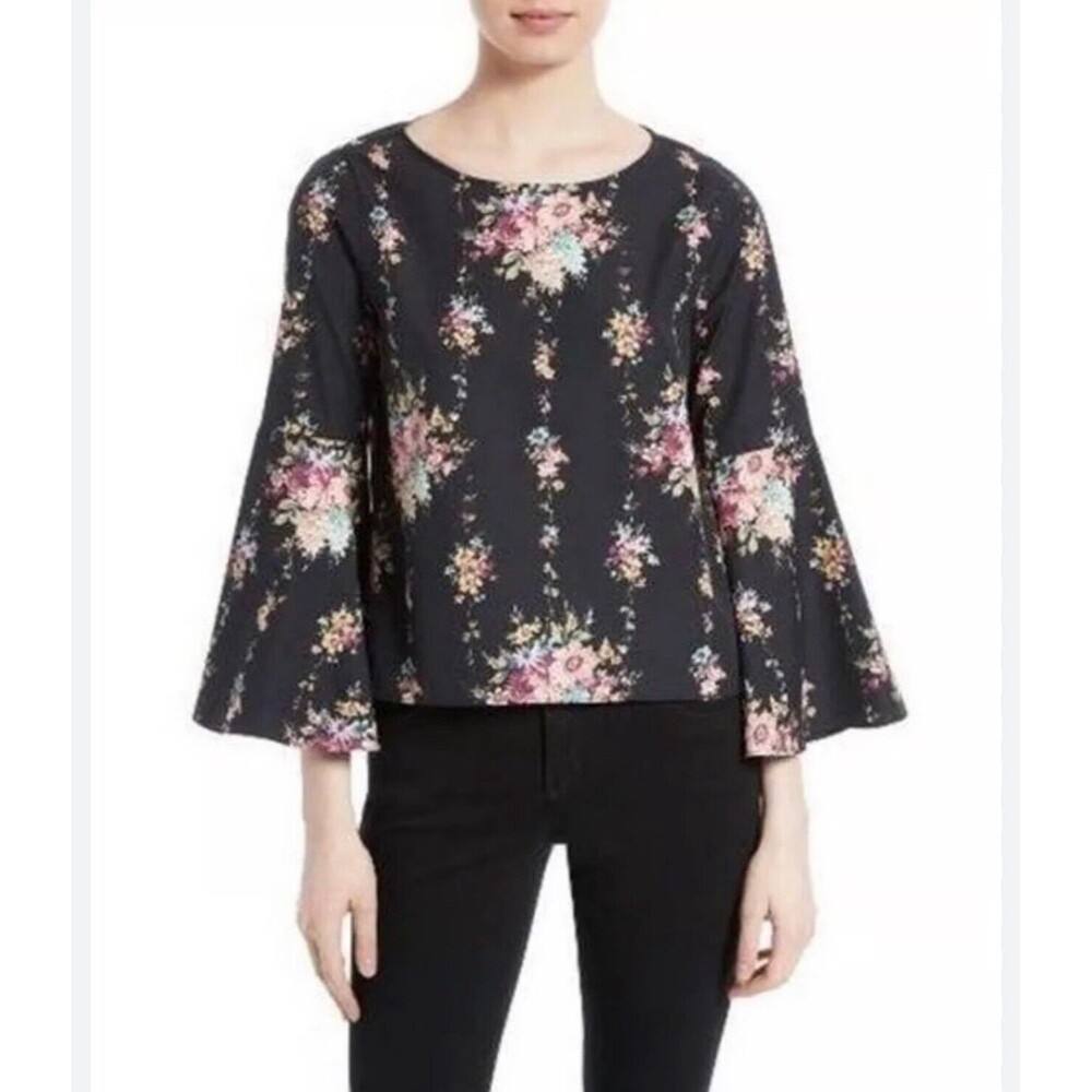 Alice + Olivia Floral Print Black Top Blouse With Kimono Sleeve Size Medium
